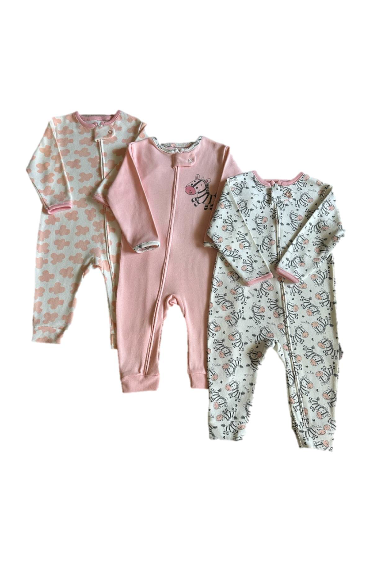 DİAMONDSTAR KIZ  9-18 AY ZEBRA BASKILI 3 LÜ TEK BOY TULUM SETİ