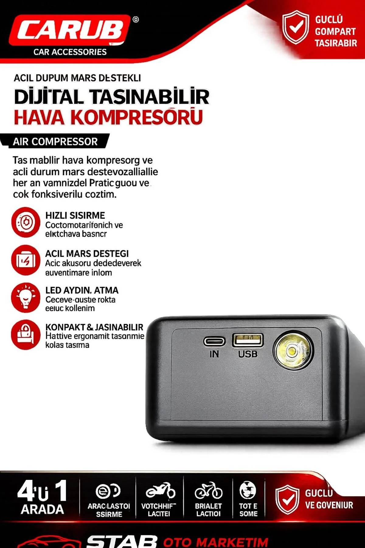 DIGITAL TAŞINABİLİR HAVA KOMPRESÖRÜ VE AKÜ TAKVİYE - Görsel 4