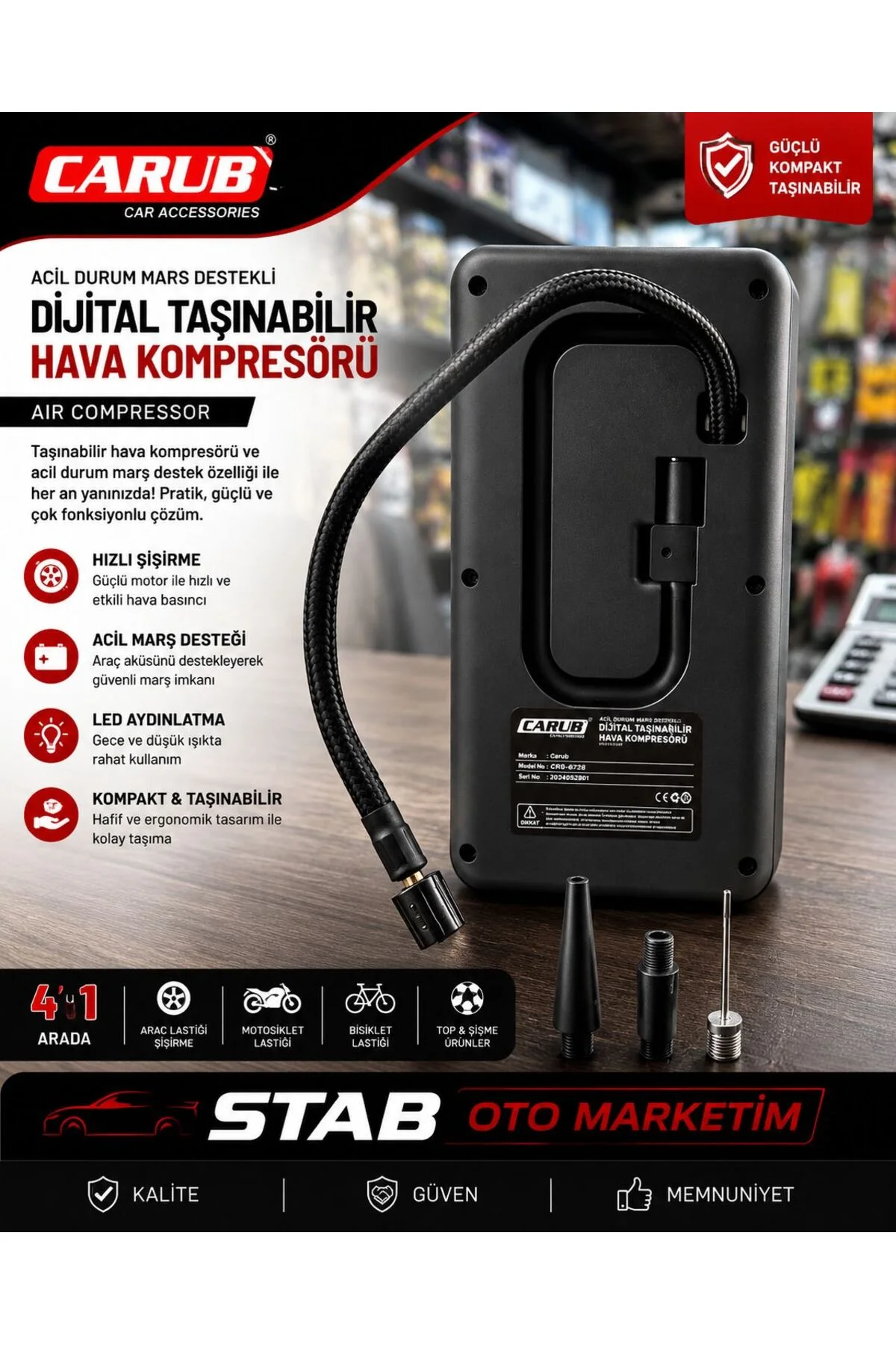 DIGITAL TAŞINABİLİR HAVA KOMPRESÖRÜ VE AKÜ TAKVİYE - Görsel 3