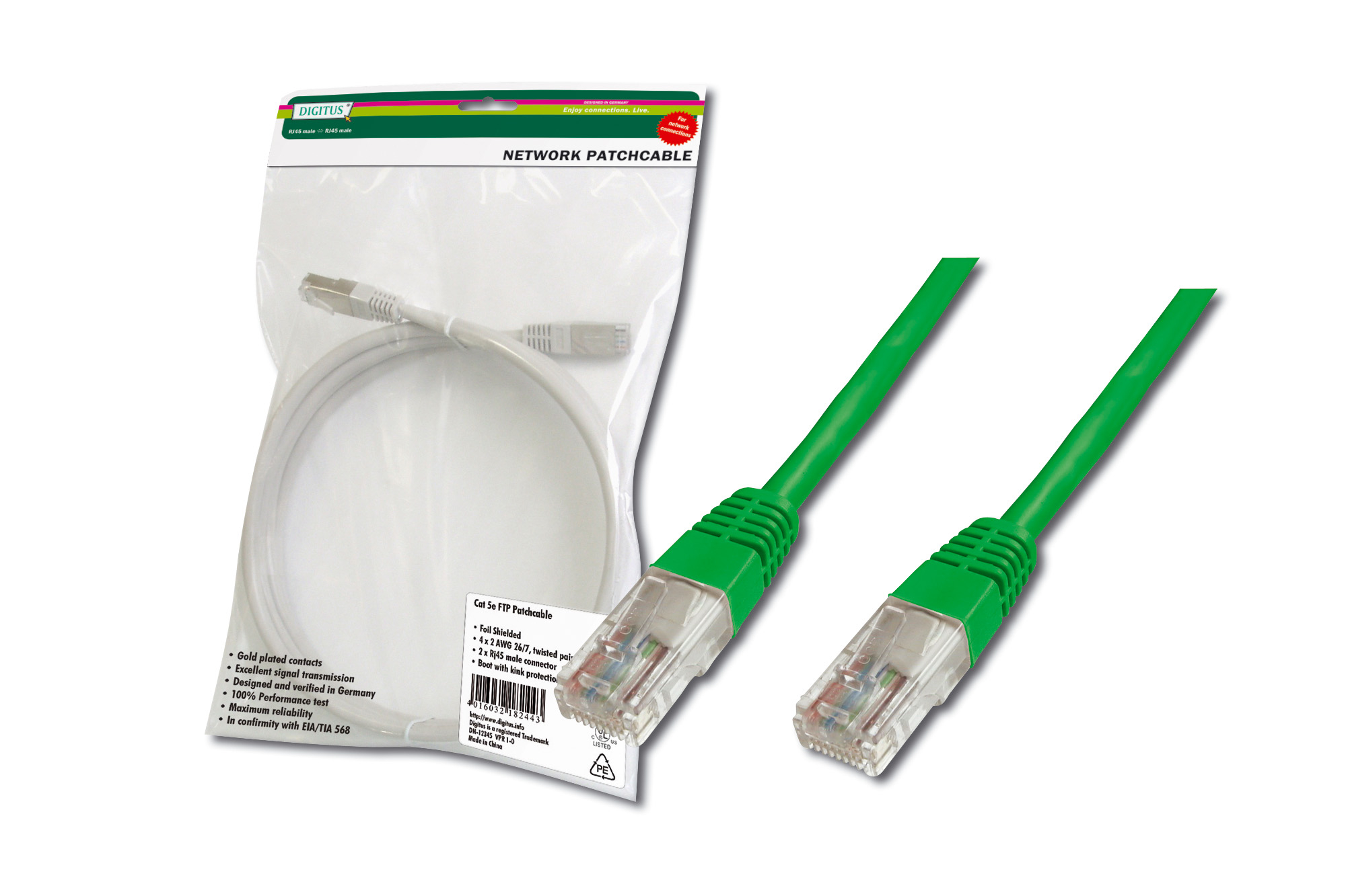 Digitus Patch Kablo, UTP, CAT. 5E, 3 metre, AWG 26/7, Yeşil Renk,