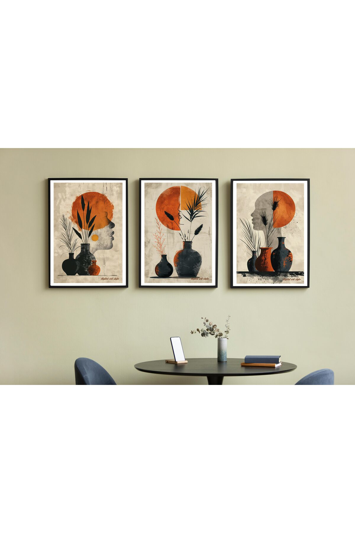 Dijital Art Style 3'lü Çerçevesiz Poster, Modern Dekoratif Çerçev