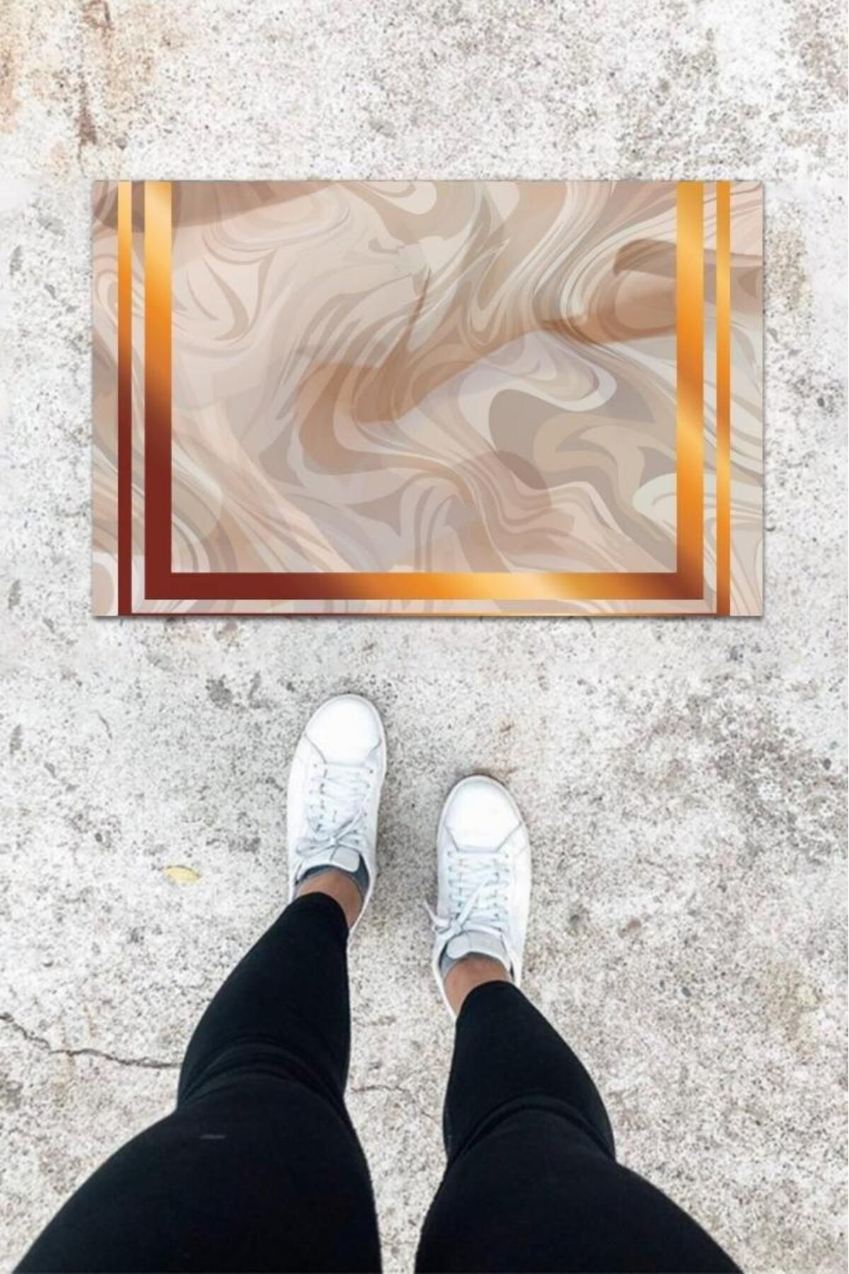 Ok Aksesuar Dijital Baski Gri Bordür Desen Kapi Önü Paspasi K-1040