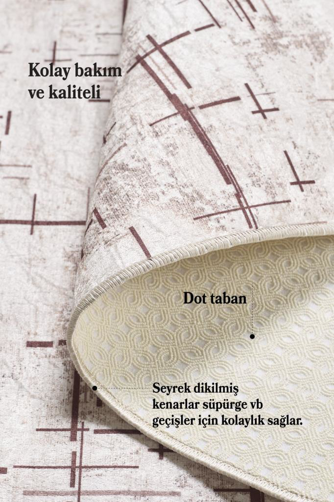 Dijital Baskı Yıkanabilir Kaymaz Taban Çizgili Bej Kahverengi Sal