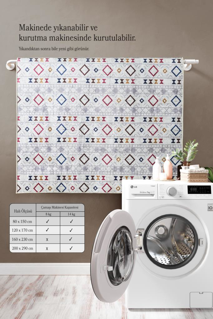 Red Hali Dijital Baski Yikanabilir Kaymaz Taban Kilim Desenli Gri Salon Ha