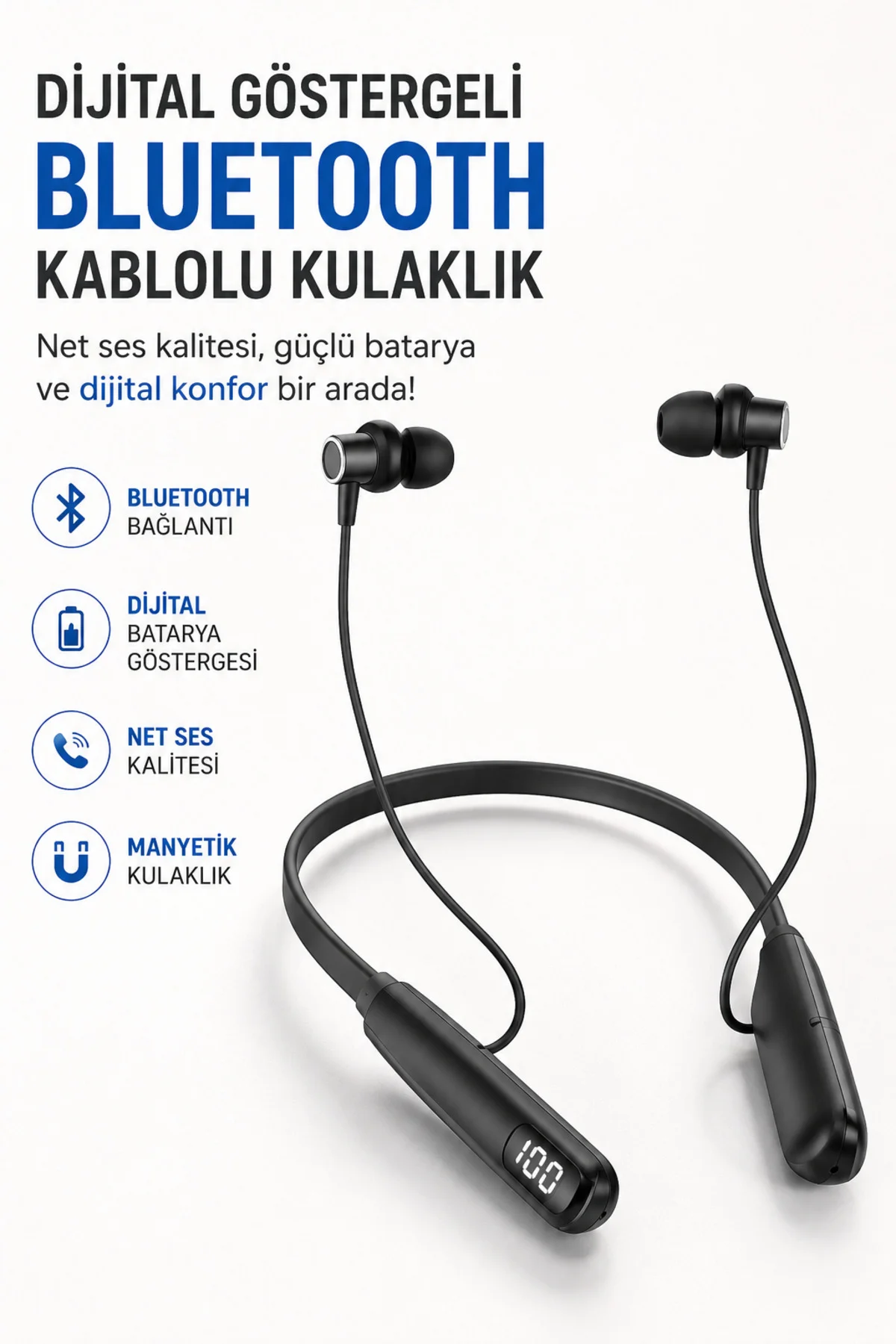 Dijital Batarya Göstergeli Bluetooth Özellikli Boyun Askılı Kulaklık