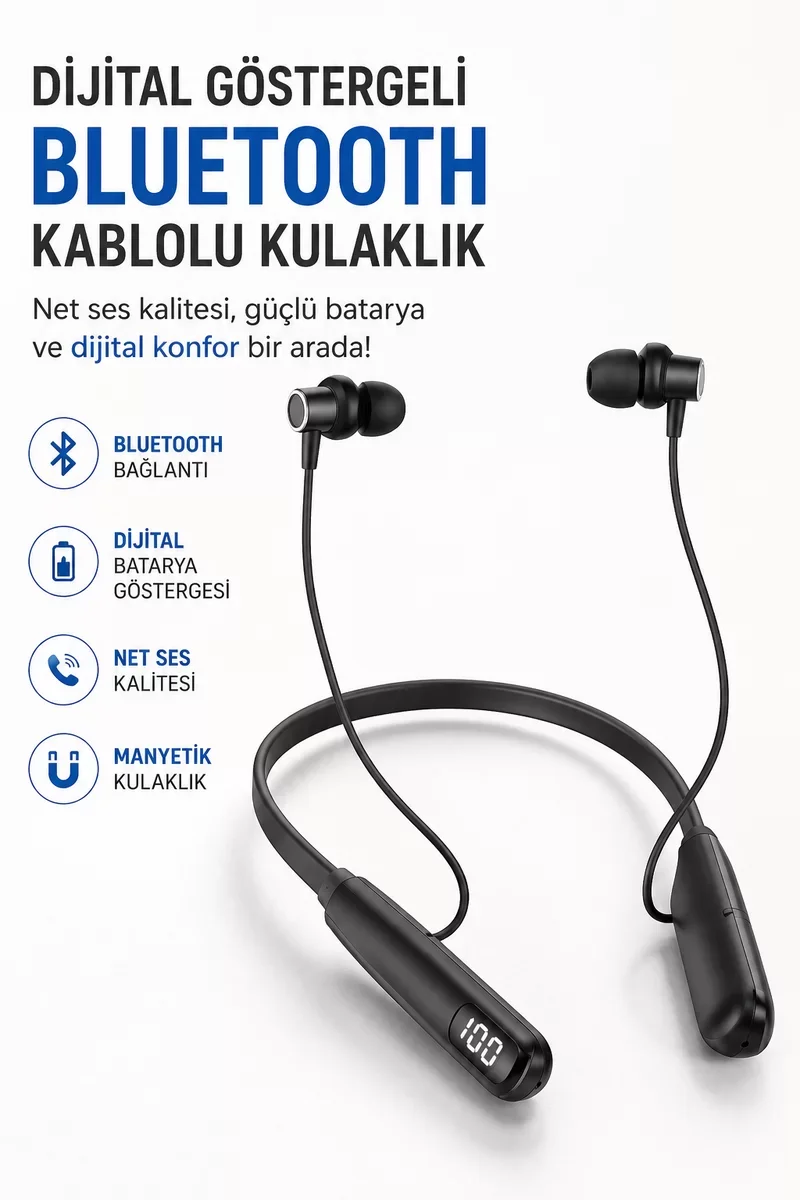 Dijital Batarya Göstergeli Bluetooth Özellikli Boyun Askılı Kulak