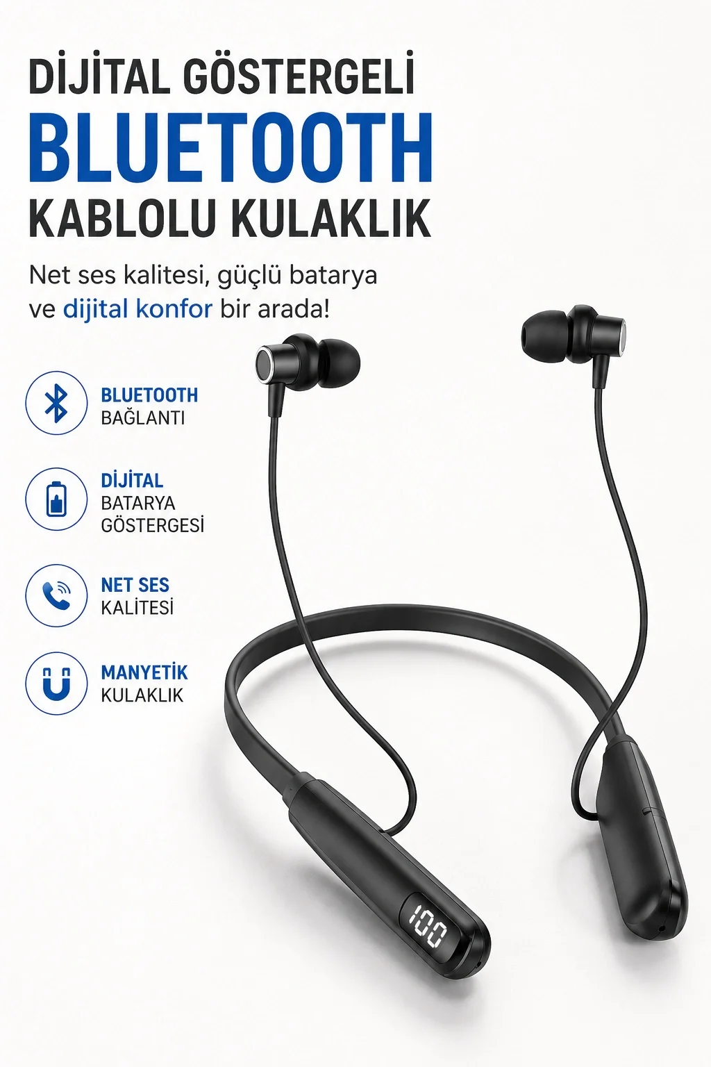 Dijital Batarya Göstergeli Bluetooth Özellikli Boyun Askılı Kulaklık