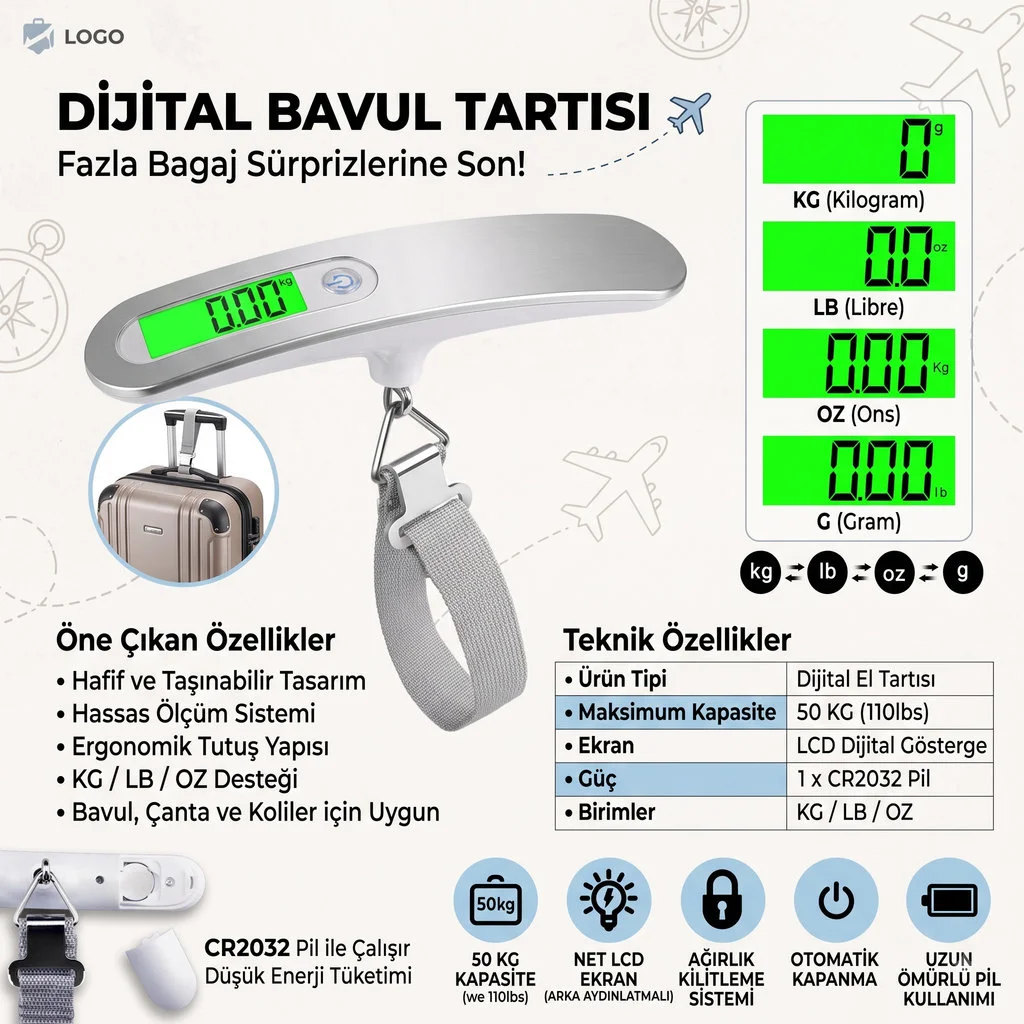 Dijital Bavul Tartısı LCD Ekranlı Taşınabilir Kompakt Hassas El Tartısı 50 KG Kapasiteli Dijital Bavul Tartısı LCD Ekranlı Taşınabilir Kompakt Hassas El Tartısı 50 KG Kapasiteli