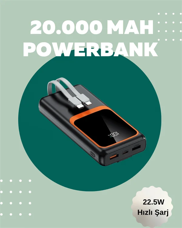 Dijital Ekranlı 20.000 mAh Powerbank | 22.5W Hızlı Şarj + Çoklu Bağlantı Seçeneği Yeni Nesil