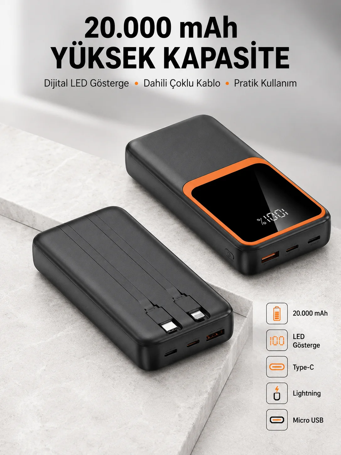 Dijital Ekranlı 20.000 mAh Powerbank | 22.5W Hızlı Şarj + Çoklu Bağlantı Seçeneği Yeni Nesil