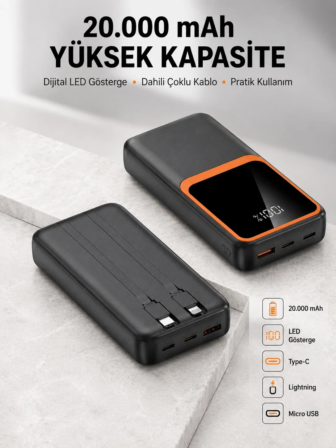 Dijital Ekranlı 20.000 mAh Powerbank | 22.5W Hızlı Şarj + Çoklu Bağlantı Seçeneği Yeni Nesil