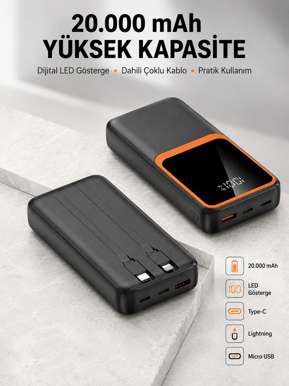 Dijital Ekranlı 20.000 Mah Powerbank 22.5w Hızlı Şarj + Çoklu Bağlantı Seçeneği Yeni Nesil - Lisinya Diğer