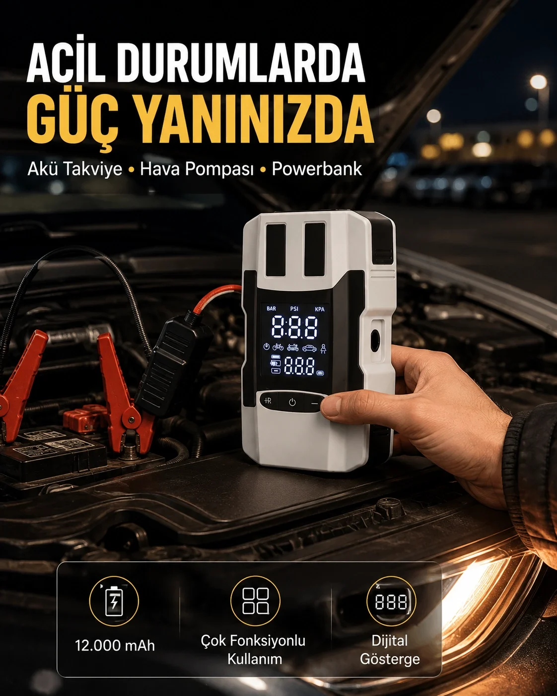 Dijital Ekranlı Araç Pompası Akü Takviye Powerbank 12.000 mAh Yeni Nesil Fiyatı, Yorumları ve Özellikleri