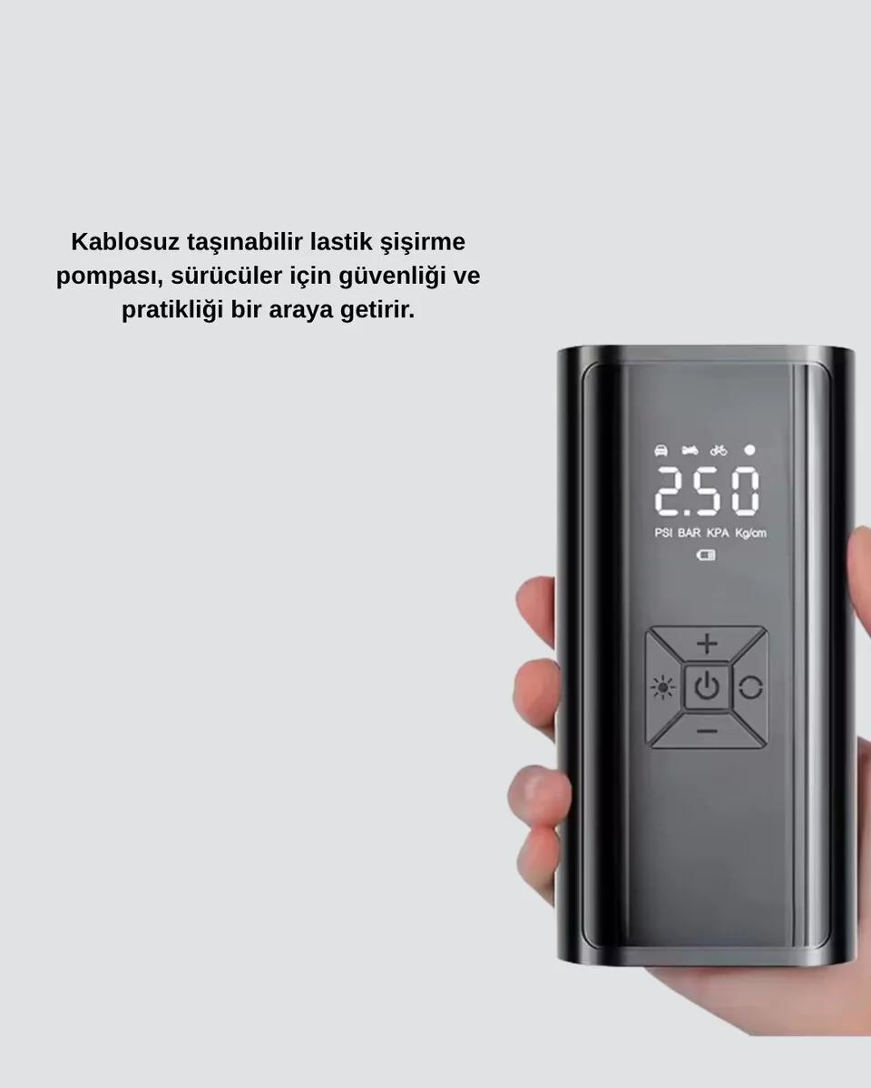 Dijital Ekranlı Kablosuz Hava Pompası LED Işıklı 12V 80W - Akıllı Lastik Şişirici ve Acil Durum Asistanı