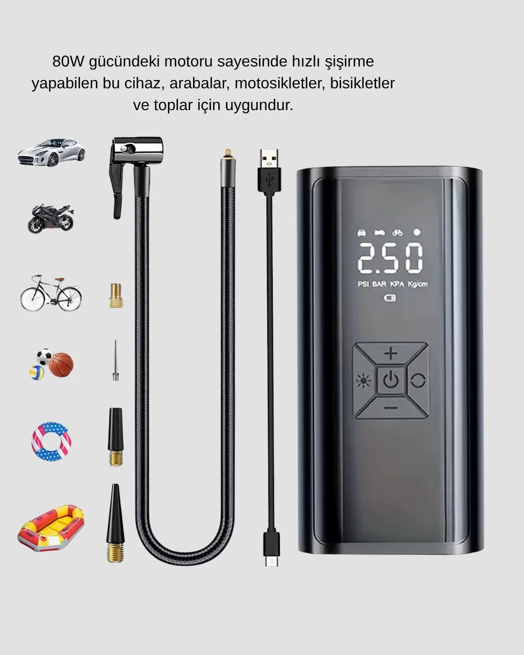 Dijital Ekranlı Kablosuz Hava Pompası LED Işıklı 12V 80W Dijital Ekranlı Kablosuz Hava Pompası LED Işıklı 12V 80W - Görsel 4