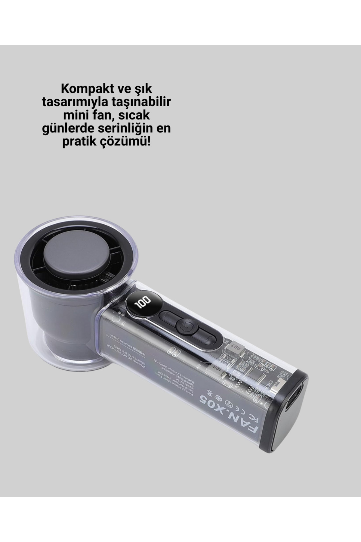 Dijital Ekranlı Şarjlı Mini Fan 100 Kademeli Hız Ayarı