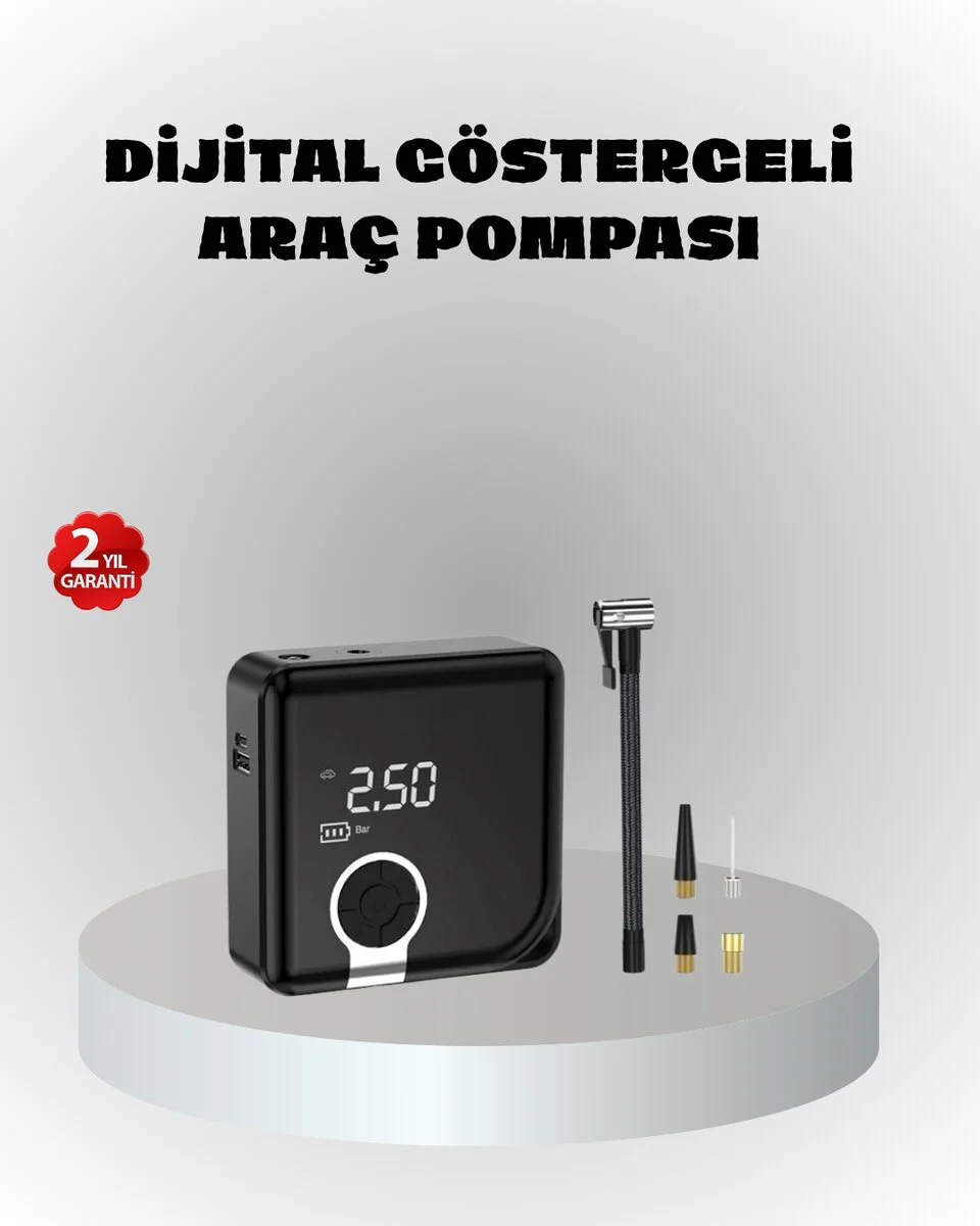 Dijital Ekranlı Şarjlı Hava Kompresörü 150 PSI Güçlü Motorlu - Tek Şarjla 4 Lastik