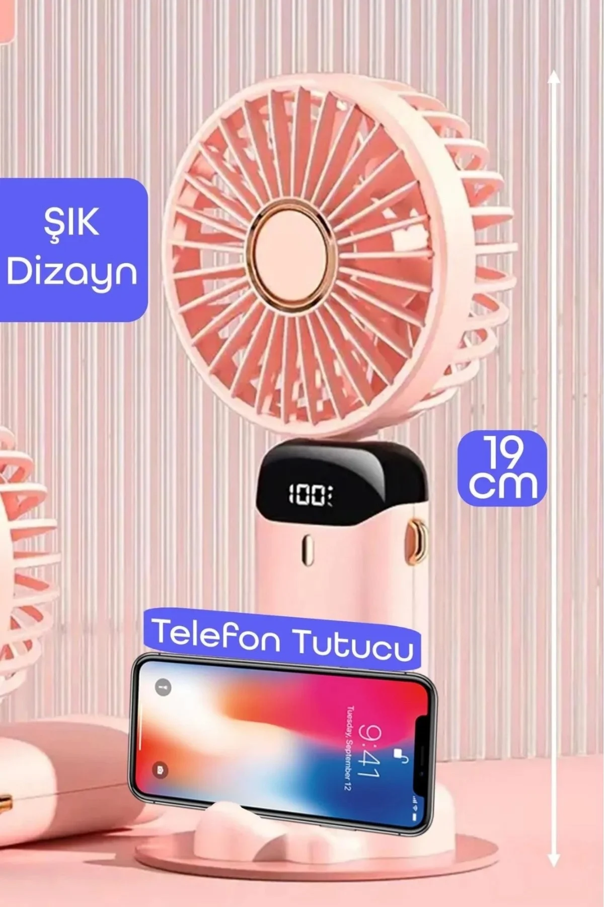 Dijital ekranlı şarjlı bej el vantilatörü masa ve boyun kullanımı 2 yıl garantili