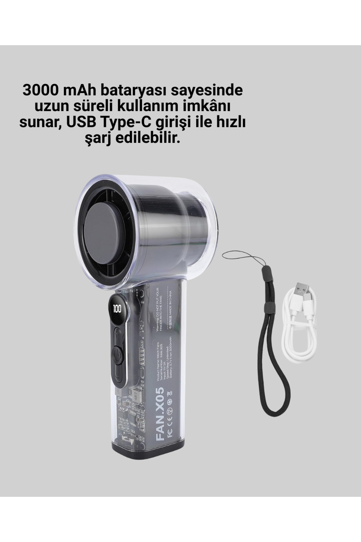 Dijital Ekranlı Şarjlı Mini Fan 100 Kademeli Hız Ayarı