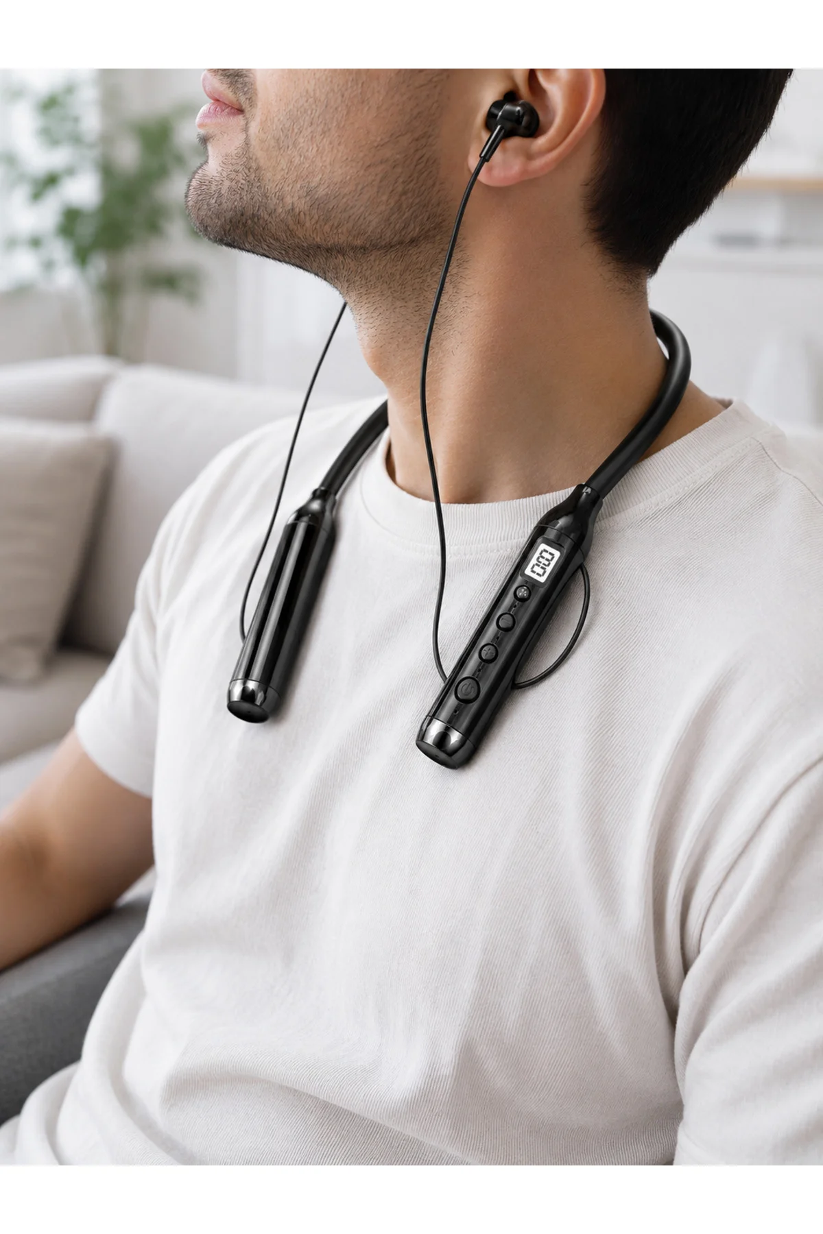 Dijital Göstergeli Boyun Tipi Bluetooth Kulaklık Mikrofonlu Çağrı ve Müzik Kontrollü Çift Cihaz Bağlantılı Kulaklık - Görsel 4