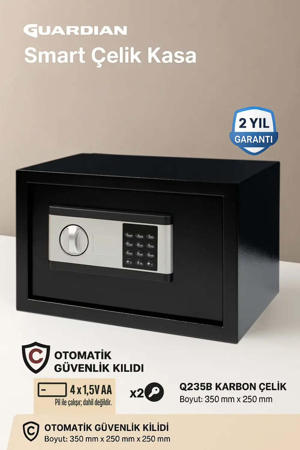 Dijital Güvenlik Kasası - Q235B Karbon Çelik Gövde (350x250x250 m