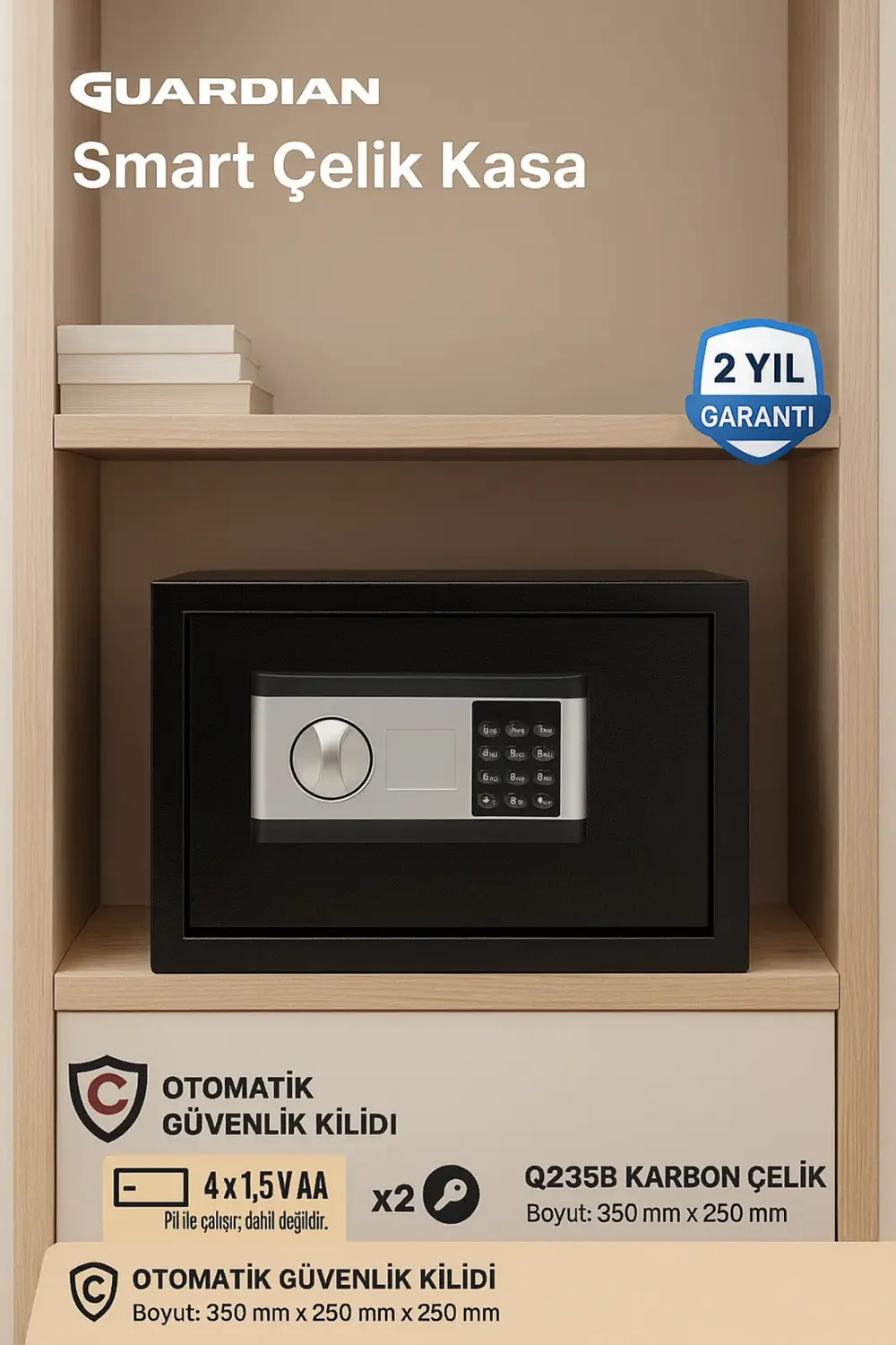 Dijital Güvenlik Kasası - Q235B Karbon Çelik Gövde (350x250x250 m