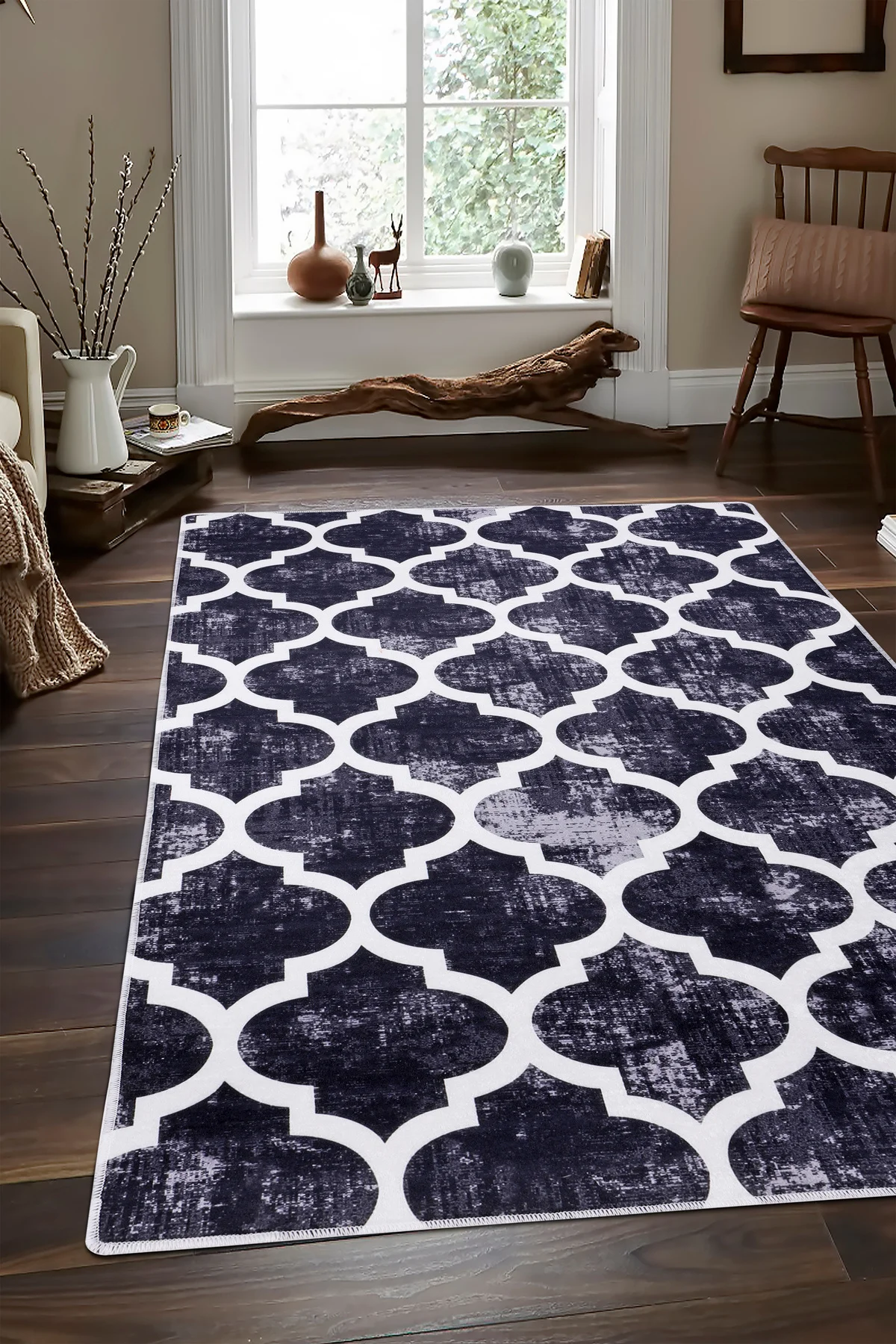 DİJİTAL HALI MODERN TASARIMLI SİYAH RENKLİ Yıkanabilir Kaymaz Kesme HALI Yolluk 160x200