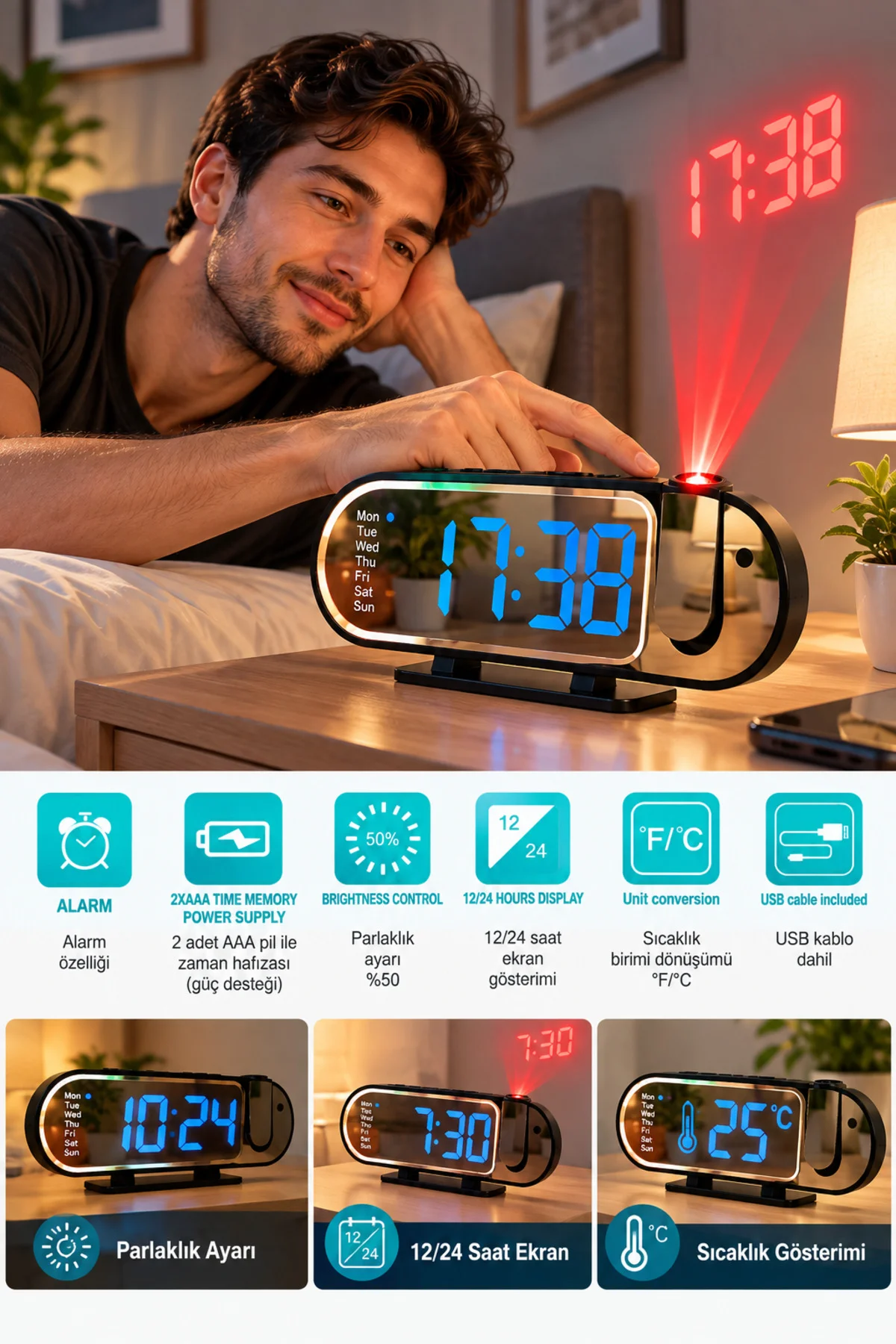 Dijital Led Masa Saati Masaüstü Alarm Saati Parlaklık Ayarlı Sıcaklık Ve 12 24 Saat Göstergeli Dijital Led Masa Saati Masaüstü Alarm Saati Parlaklık Ayarlı Sıcaklık Ve 12 24 Saat Göstergeli - Görsel 2