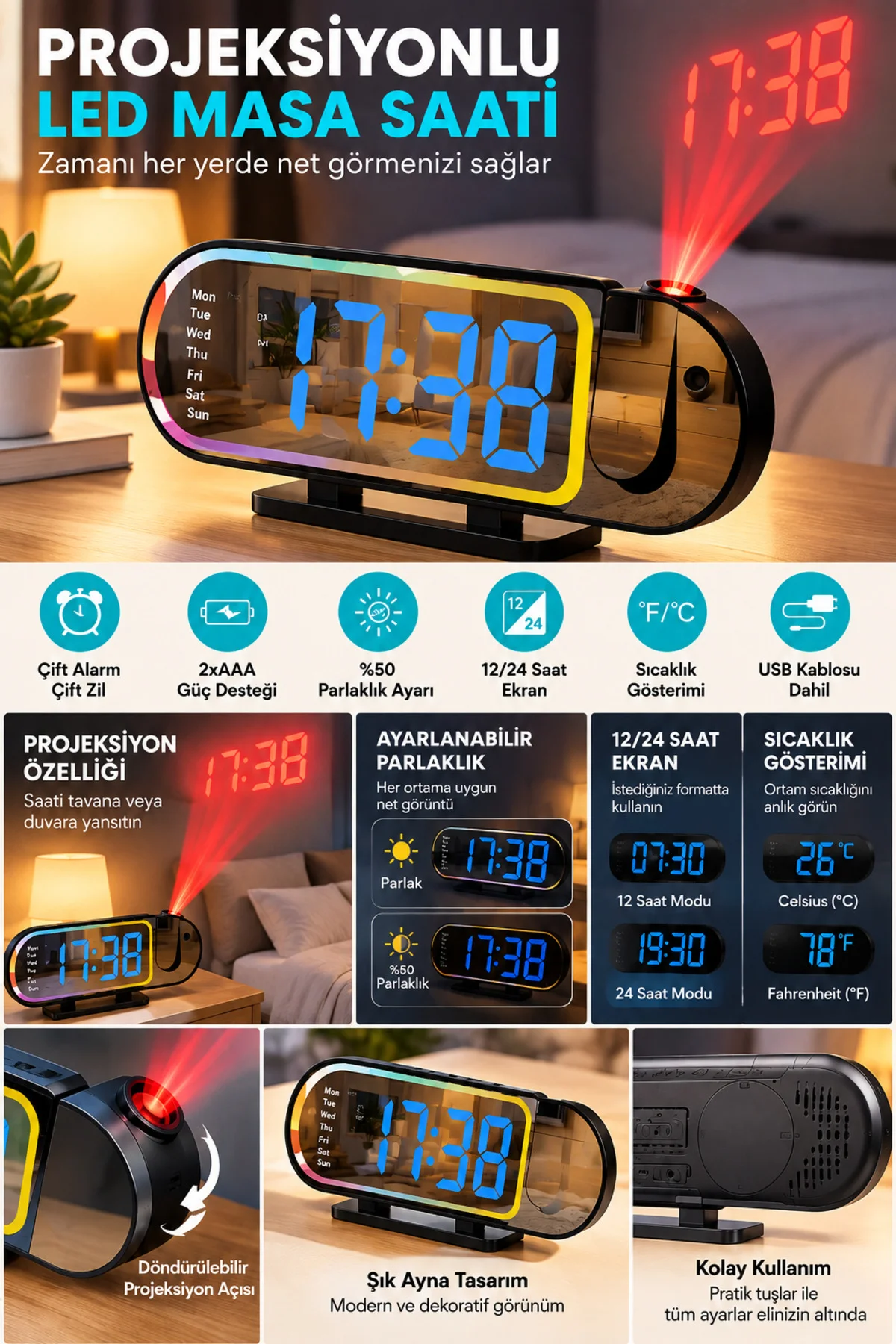 Dijital Led Masa Saati Masaüstü Alarm Saati Parlaklık Ayarlı Sıcaklık Ve 12 24 Saat Göstergeli Dijital Led Masa Saati Masaüstü Alarm Saati Parlaklık Ayarlı Sıcaklık Ve 12 24 Saat Göstergeli - Görsel 3