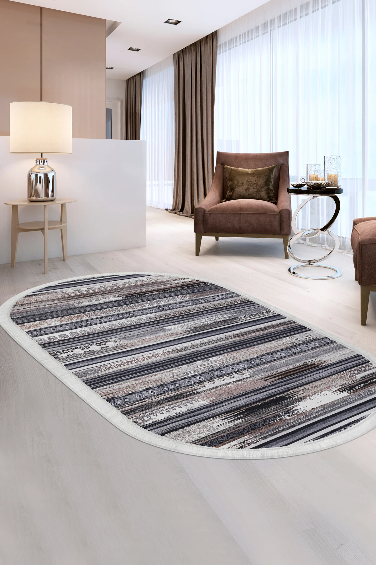 DİJİTAL Oval Saçaklı HALI KÖLN MODEL KAHVERENGİ Silinebilir 60x200