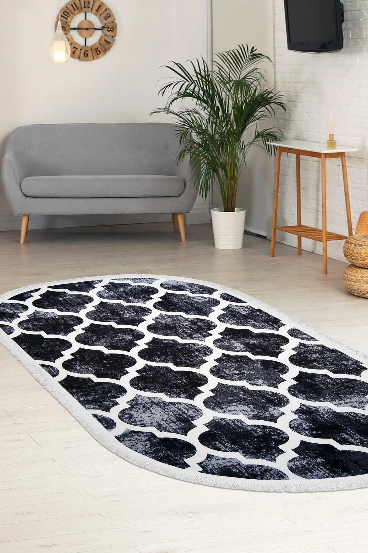 DİJİTAL Oval Saçaklı HALI MODERN TASARIMLI SİYAH RENKLİ Silinebilir 80x400
