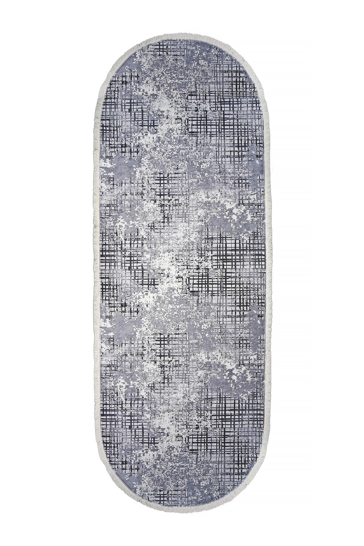 DİJİTAL Oval Saçaklı HALI MODERN TASARIMLI GRİ RENKLİ Silinebilir 80x350