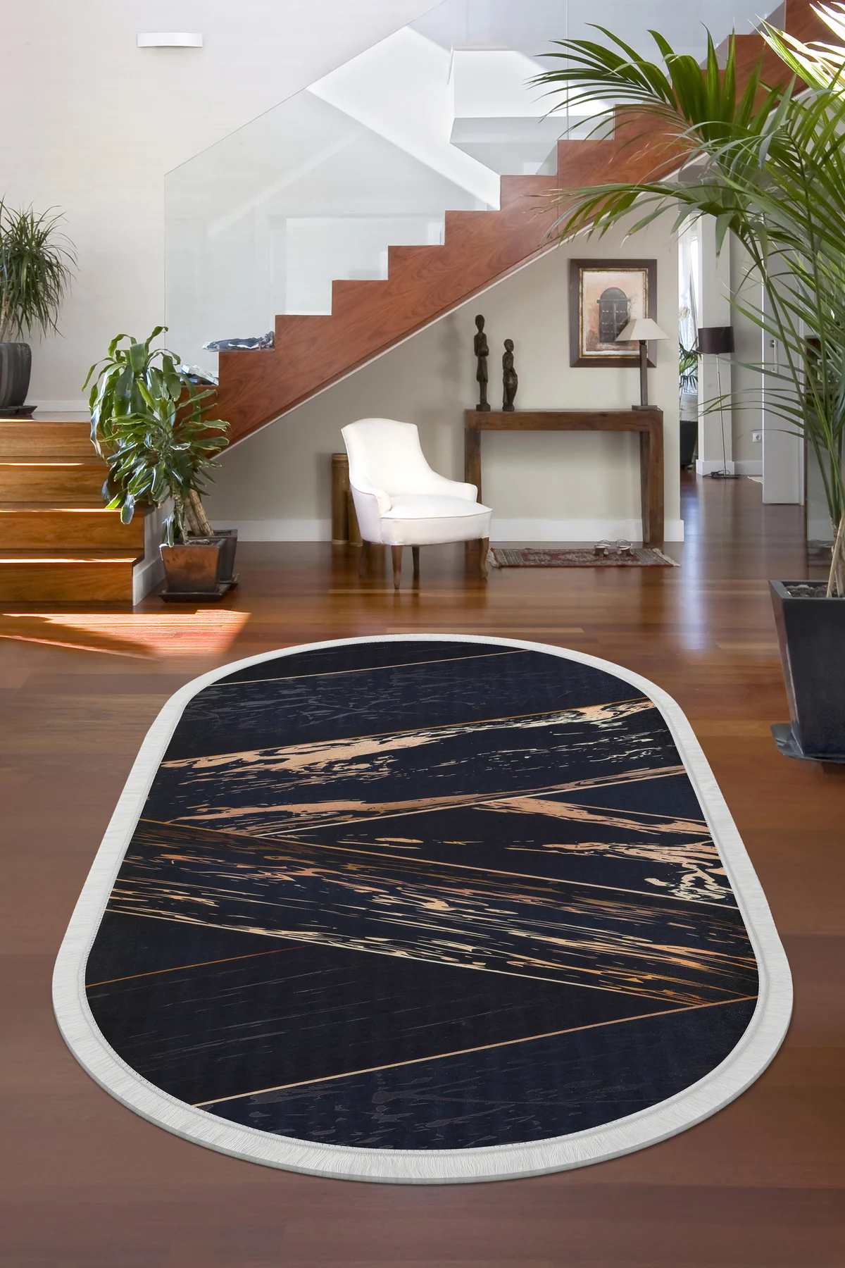 DİJİTAL Oval Saçaklı HALI MODERN TASARIMLI SİYAH RENKLİ Silinebilir 120x700