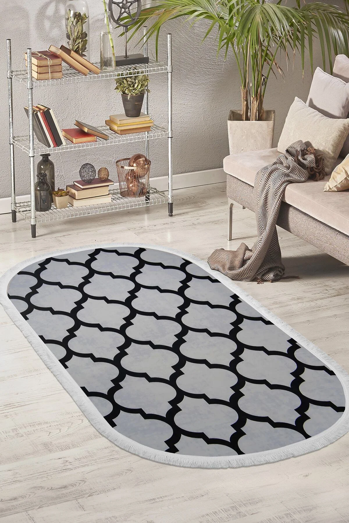 DİJİTAL Oval Saçaklı HALI MODERN TASARIMLI GRİ RENKLİ Silinebilir 100x500