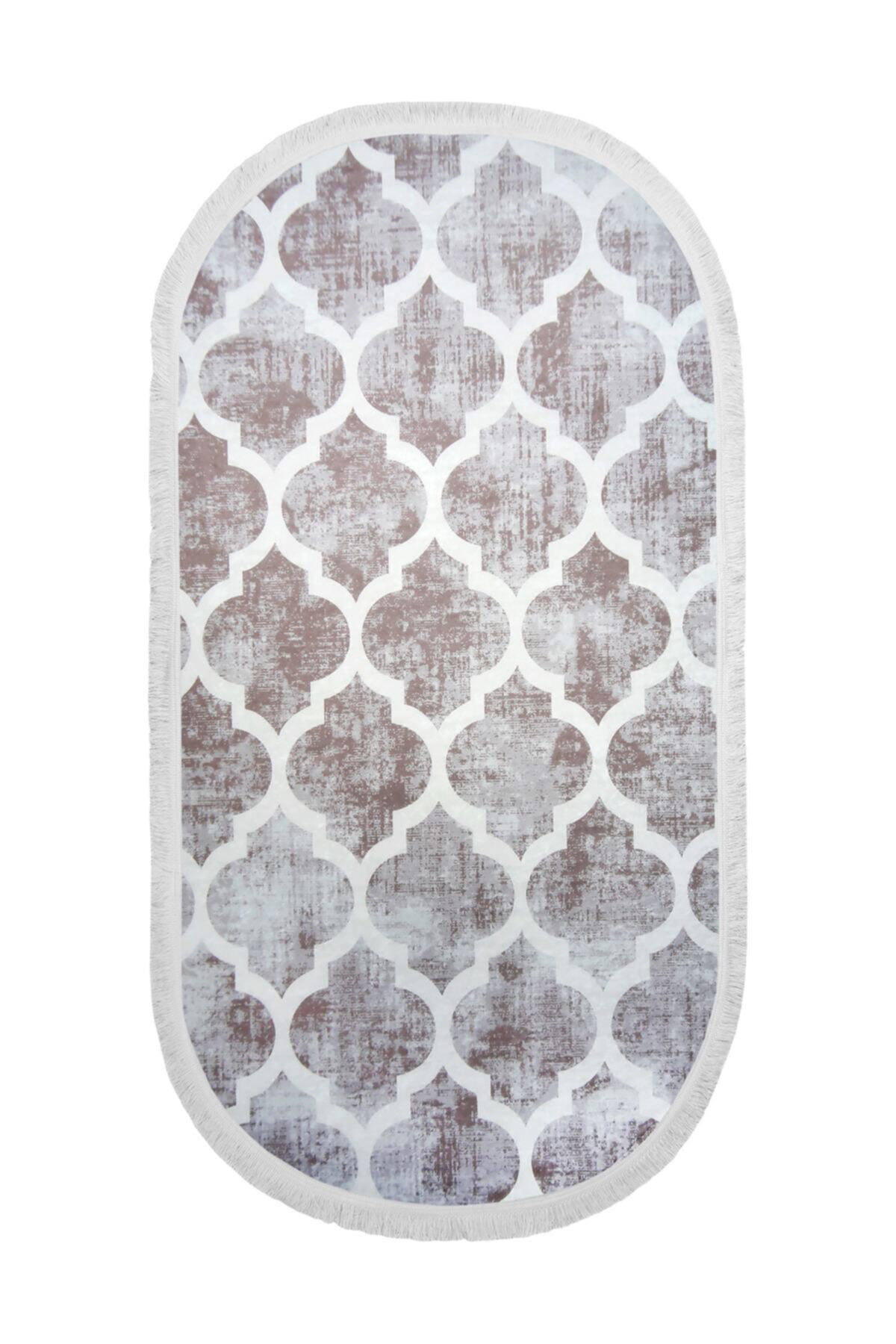 DİJİTAL Oval Saçaklı HALI MODERN TASARIMLI BEJ RENKLİ Silinebilir 80x400