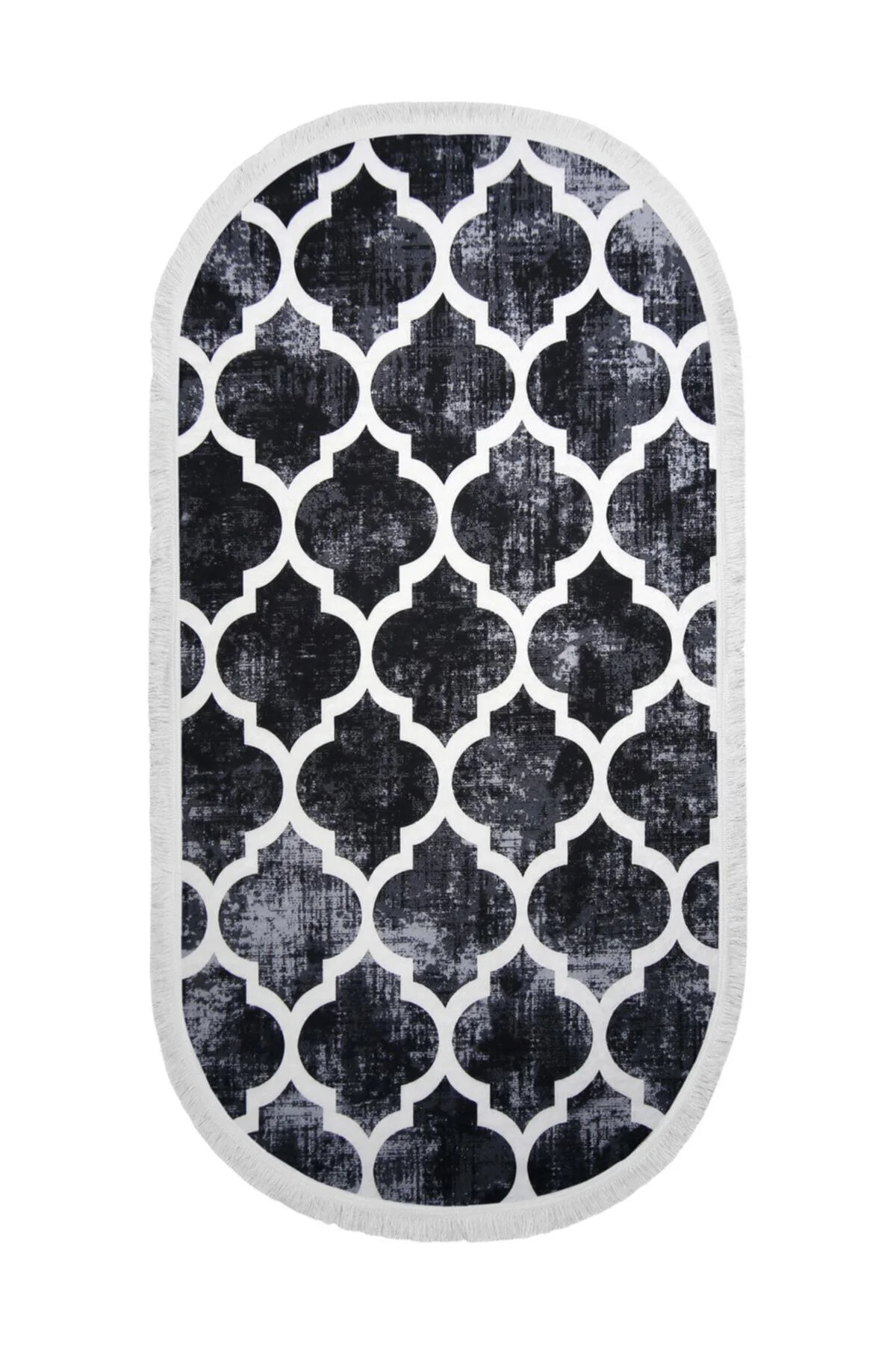 DİJİTAL Oval Saçaklı HALI MODERN TASARIMLI SİYAH RENKLİ Silinebilir 160x300