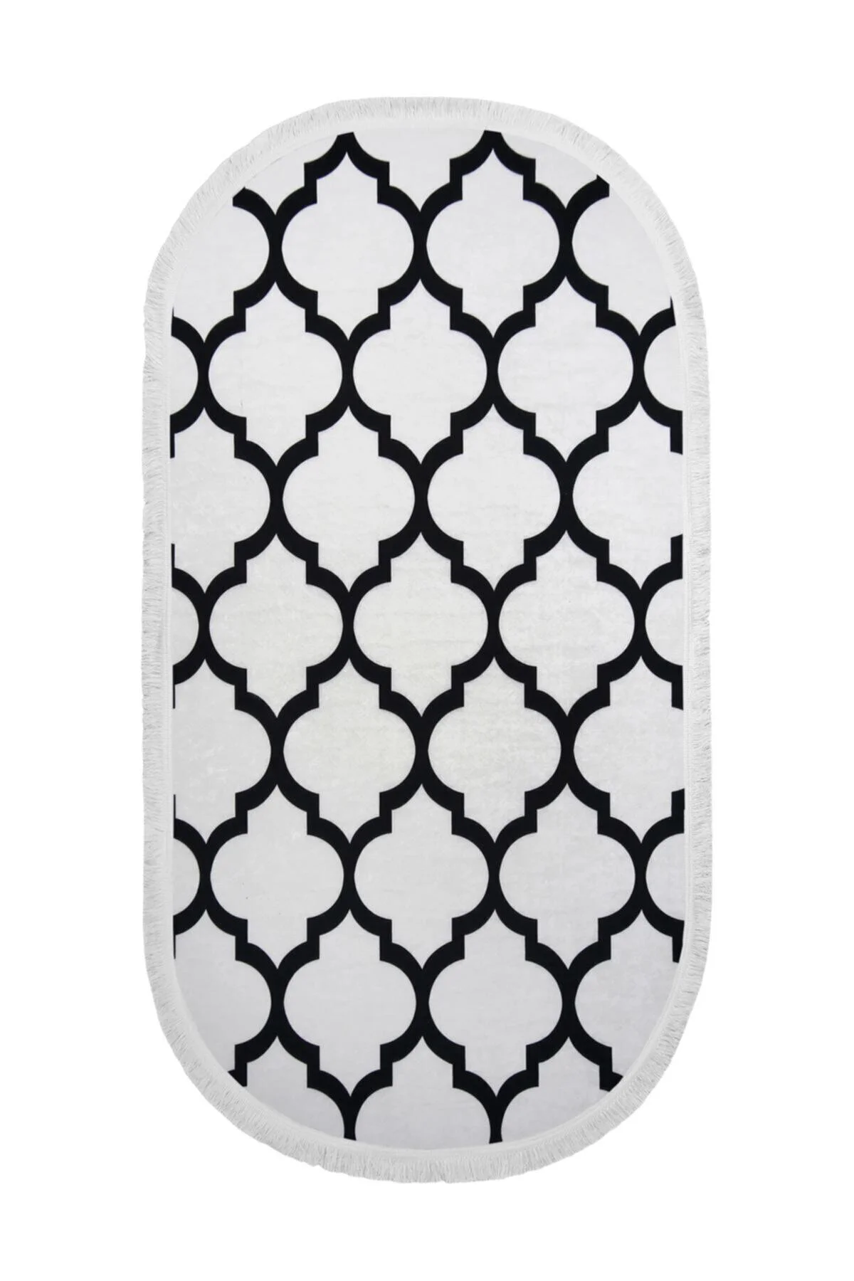 DİJİTAL Oval Saçaklı HALI MODERN TASARIMLI BEYAZ RENKLİ Silinebil
