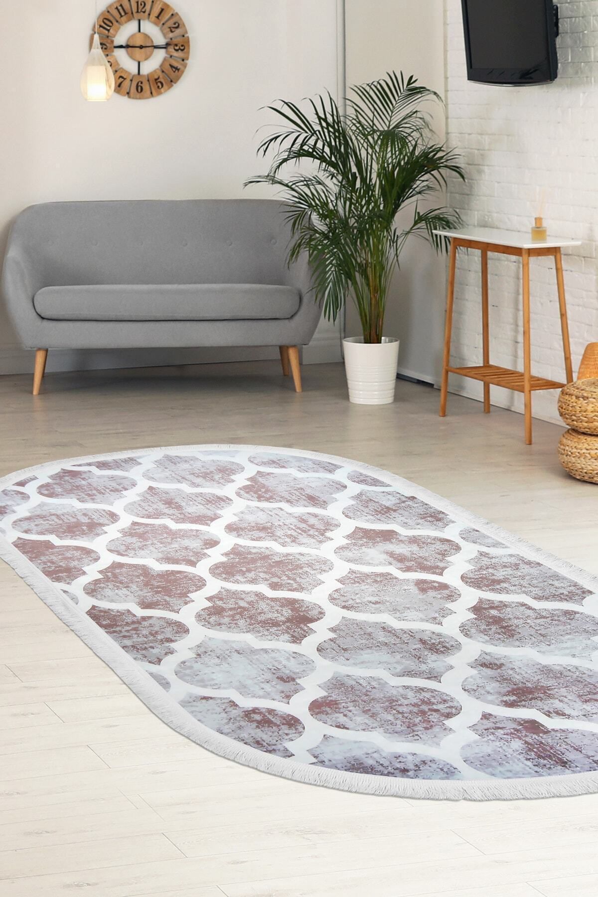DİJİTAL Oval Saçaklı HALI MODERN TASARIMLI BEJ RENKLİ Silinebilir 60x400