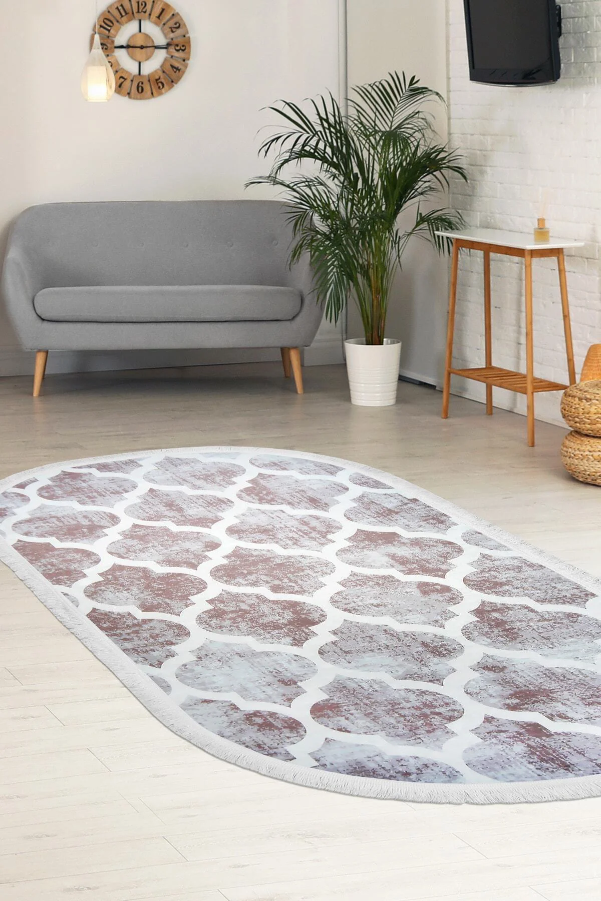 DİJİTAL Oval Saçaklı HALI MODERN TASARIMLI BEJ RENKLİ Silinebilir 120x700