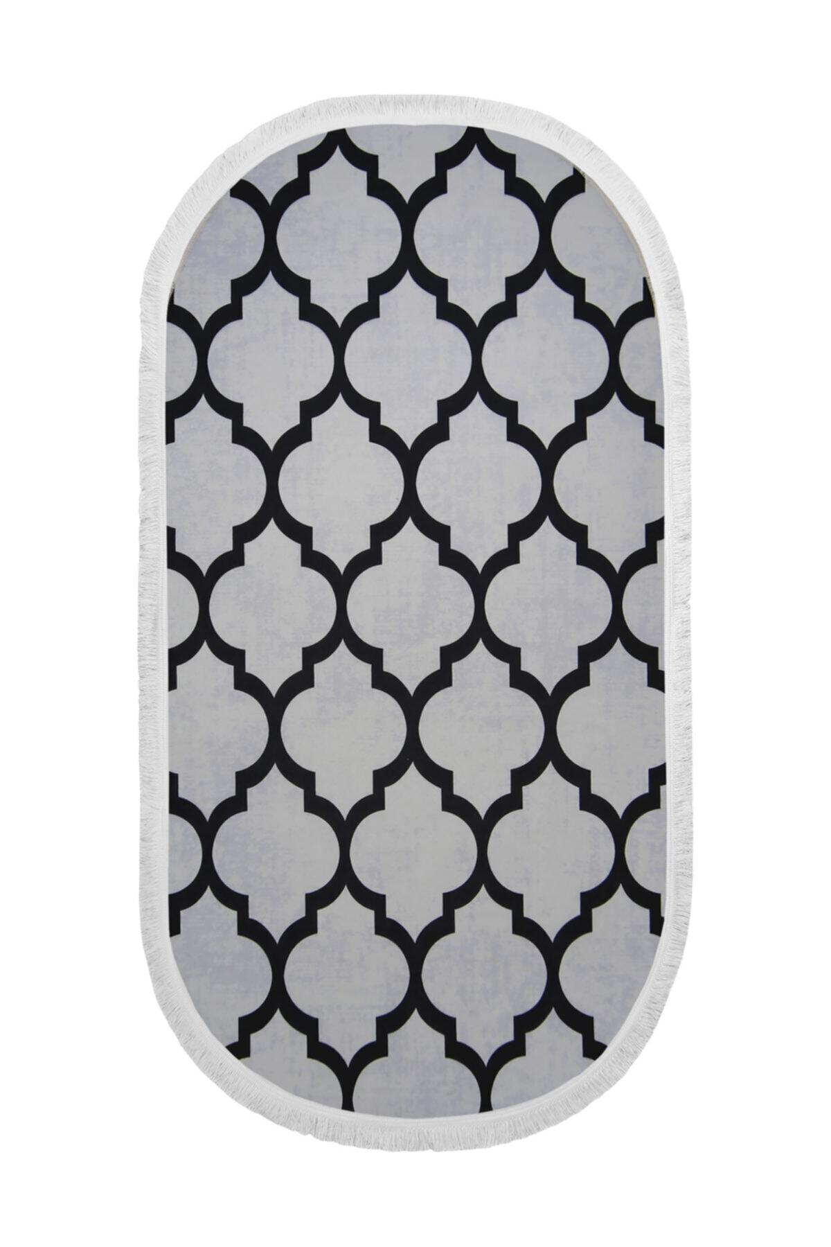 DİJİTAL Oval Saçaklı HALI MODERN TASARIMLI GRİ RENKLİ Silinebilir