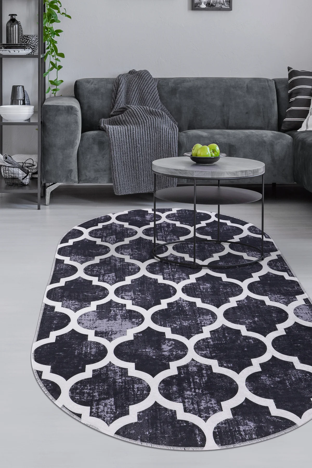 DİJİTAL Oval Saçaksız HALI MODERN TASARIMLI SİYAH RENKLİ Silinebilir Yolluk 80x350