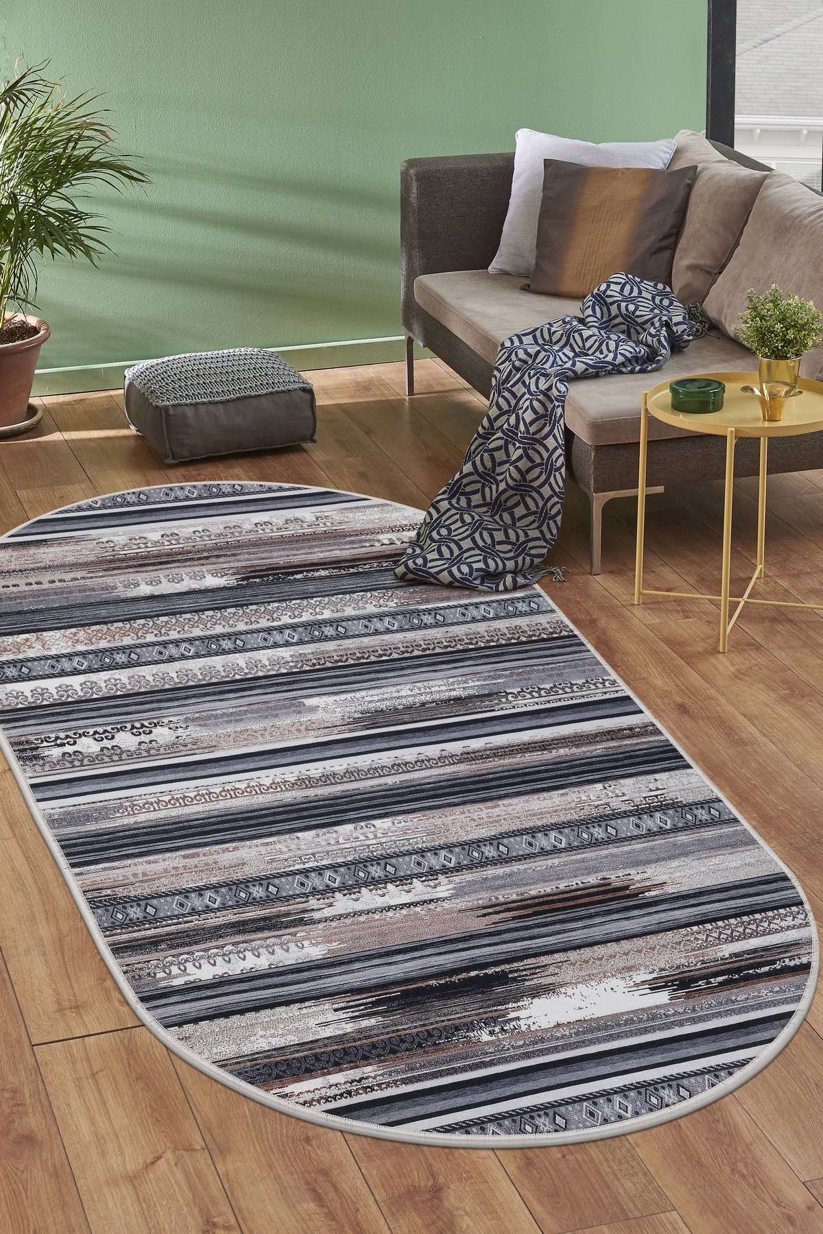 DİJİTAL Oval Saçaksız HALI KÖLN MODEL KAHVERENGİ Silinebilir Yoll