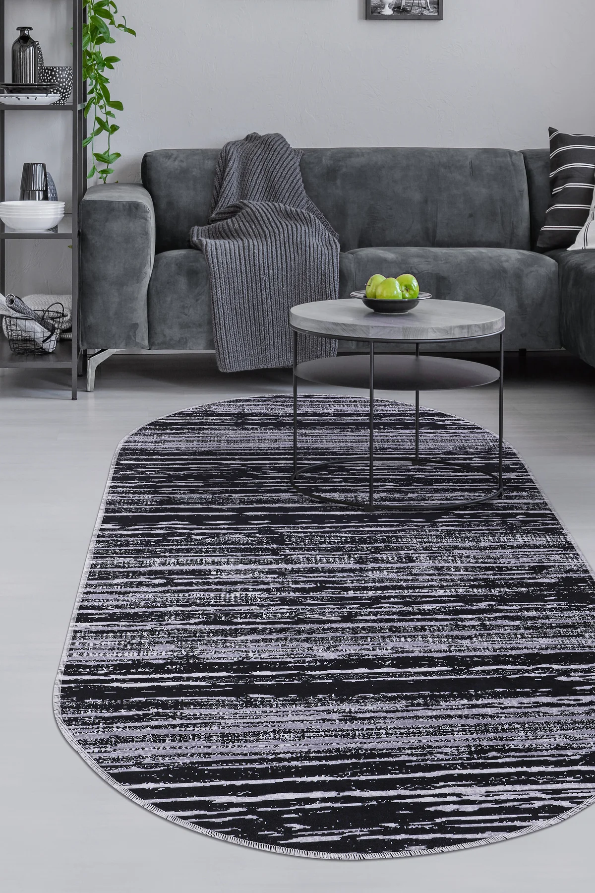 DİJİTAL Oval Saçaksız HALI MODERN TASARIMLI SİYAH RENKLİ Silinebilir Yolluk 80x250