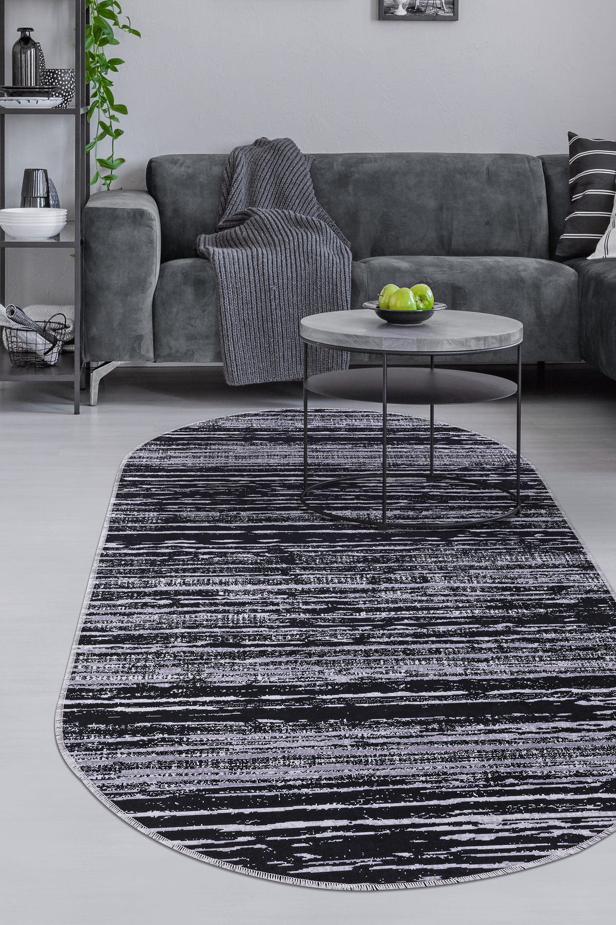 DİJİTAL Oval Saçaksız HALI MODERN TASARIMLI SİYAH RENKLİ Silinebi