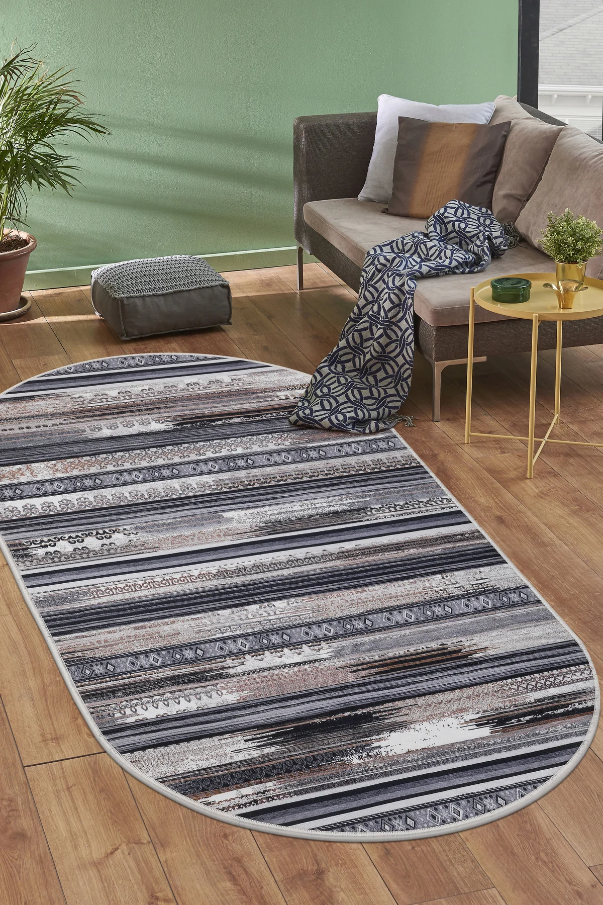 DİJİTAL Oval Saçaksız HALI KÖLN MODEL KAHVERENGİ Silinebilir Yolluk 160x300