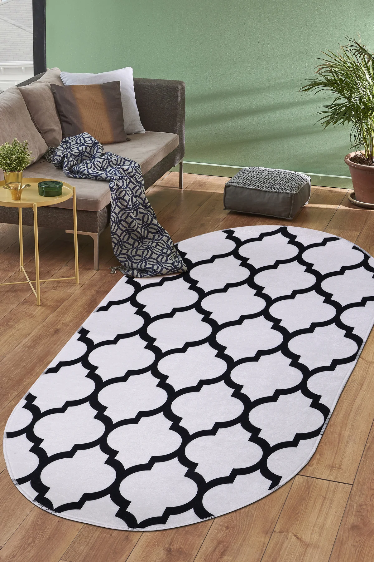 DİJİTAL Oval Saçaksız HALI MODERN TASARIMLI BEYAZ RENKLİ Silinebilir Yolluk 60x400