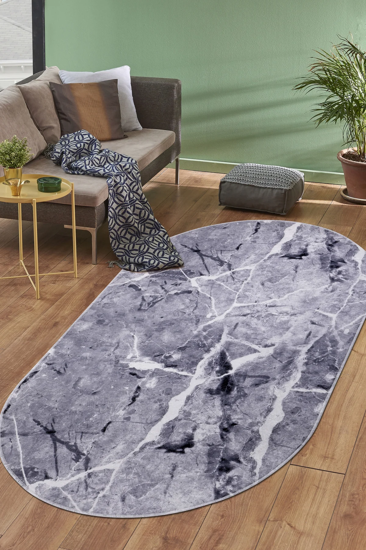 DİJİTAL Oval Saçaksız HALI MODERN TASARIMLI GRİ RENKLİ Silinebilir Yolluk 100x200