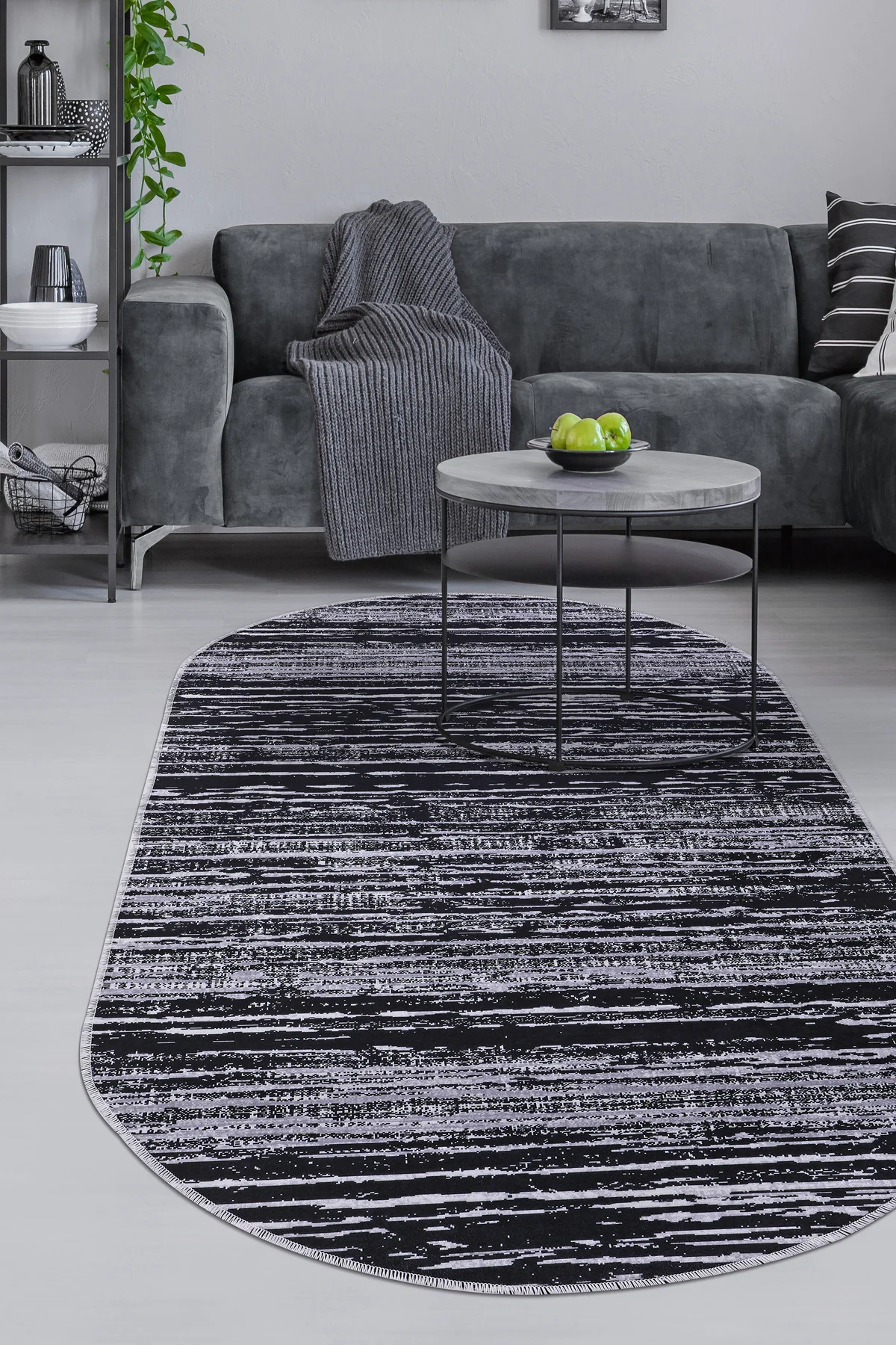 DİJİTAL Oval Saçaksız HALI MODERN TASARIMLI SİYAH RENKLİ Silinebi
