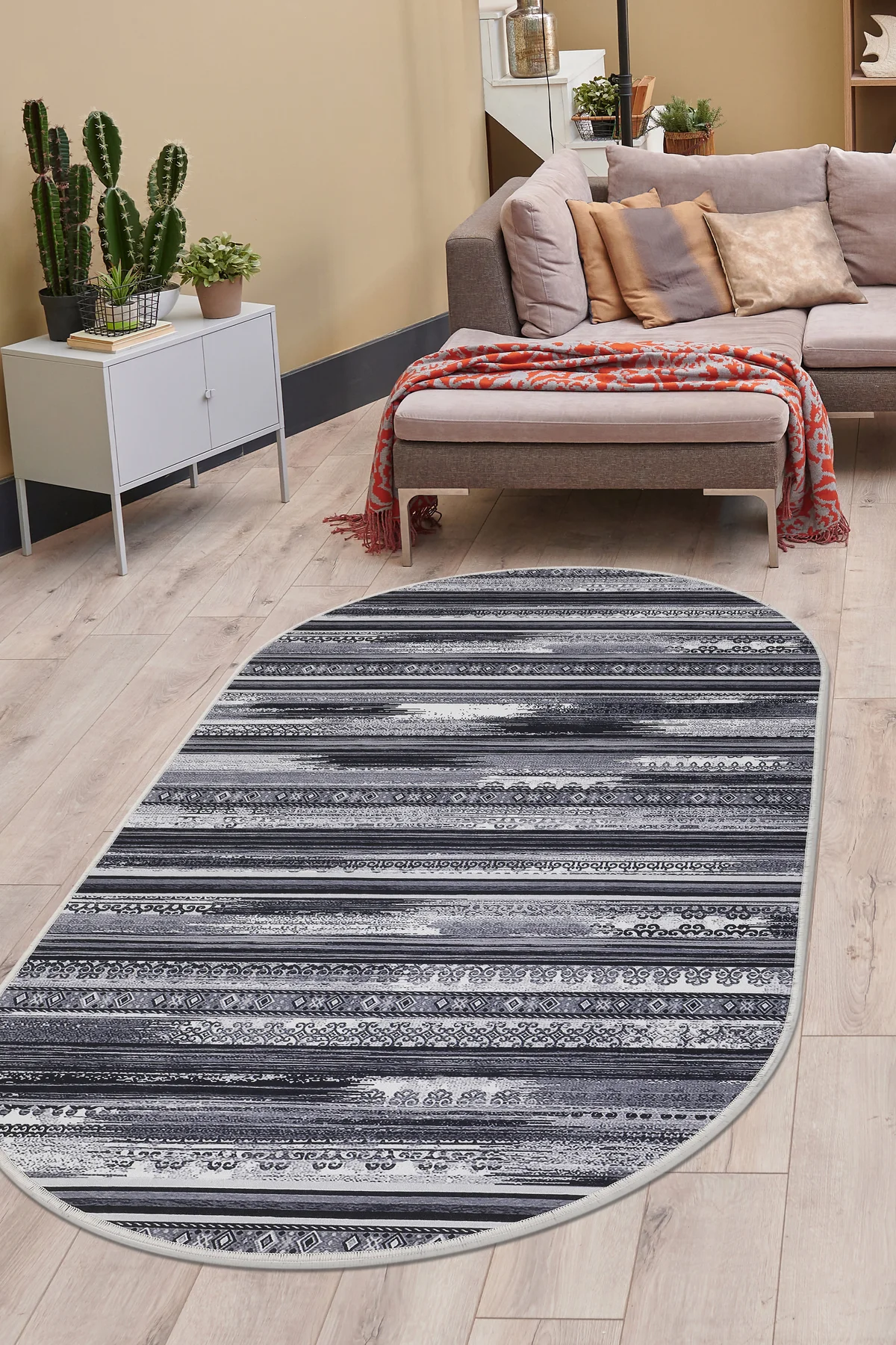 DİJİTAL Oval Saçaksız HALI KÖLN MODEL GRİ RENK Silinebilir Yolluk 100x200