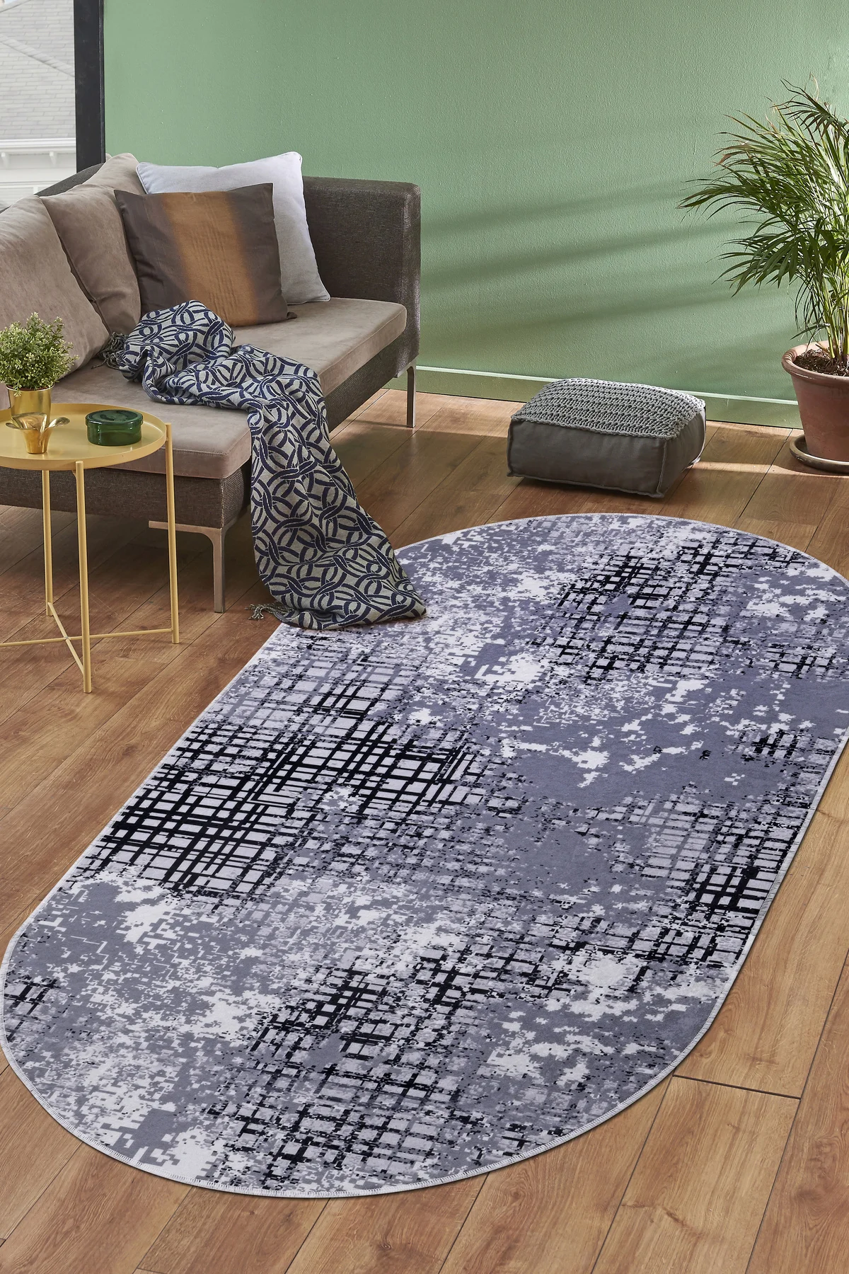 DİJİTAL Oval Saçaksız HALI MODERN TASARIMLI GRİ RENKLİ Silinebilir Yolluk 100x150